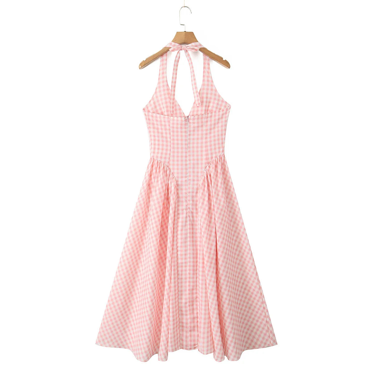 Summer Women Sexy Backless Pink Plaid Halter Dress Low Waist Elegant Party Dresses Holiday Robe