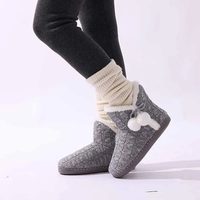 Women's Winter Warm Plush Boots Suitable For Outdoor and Indoor Use With Soft Sole Non-Slip Knit Furry Snow Shoes Cosy Cotton