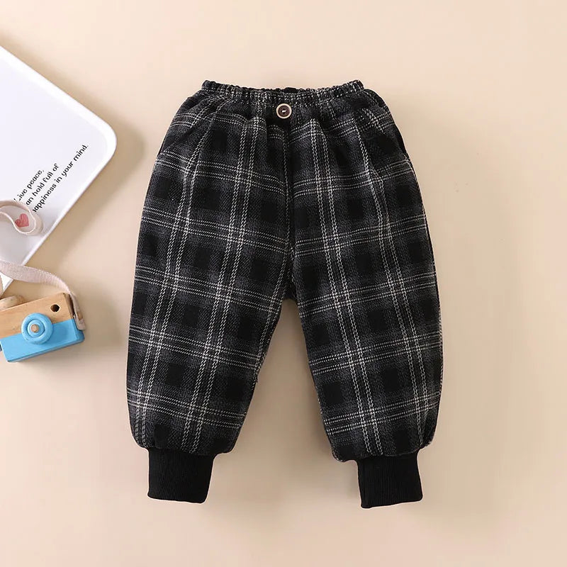 Winter Baby Children's Pants Girls Retro Plaid Thick Trousers Fur Lining Boys Warm Casual Pants 0-5Y Unisex