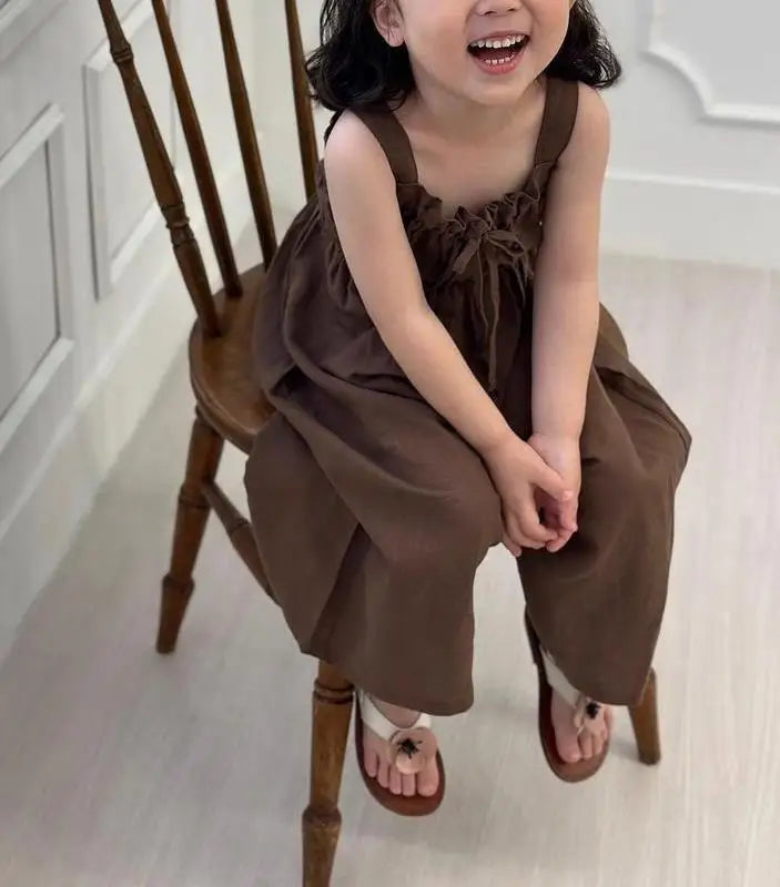 2025 Zomer Nieuwe Meisjes Mode Sling Wijde Pijpen Broek Katoen Kinderen Casual Overalls Kinderen Jumpsuit Effen Baby Meisjes Losse Broeken 4-6Y