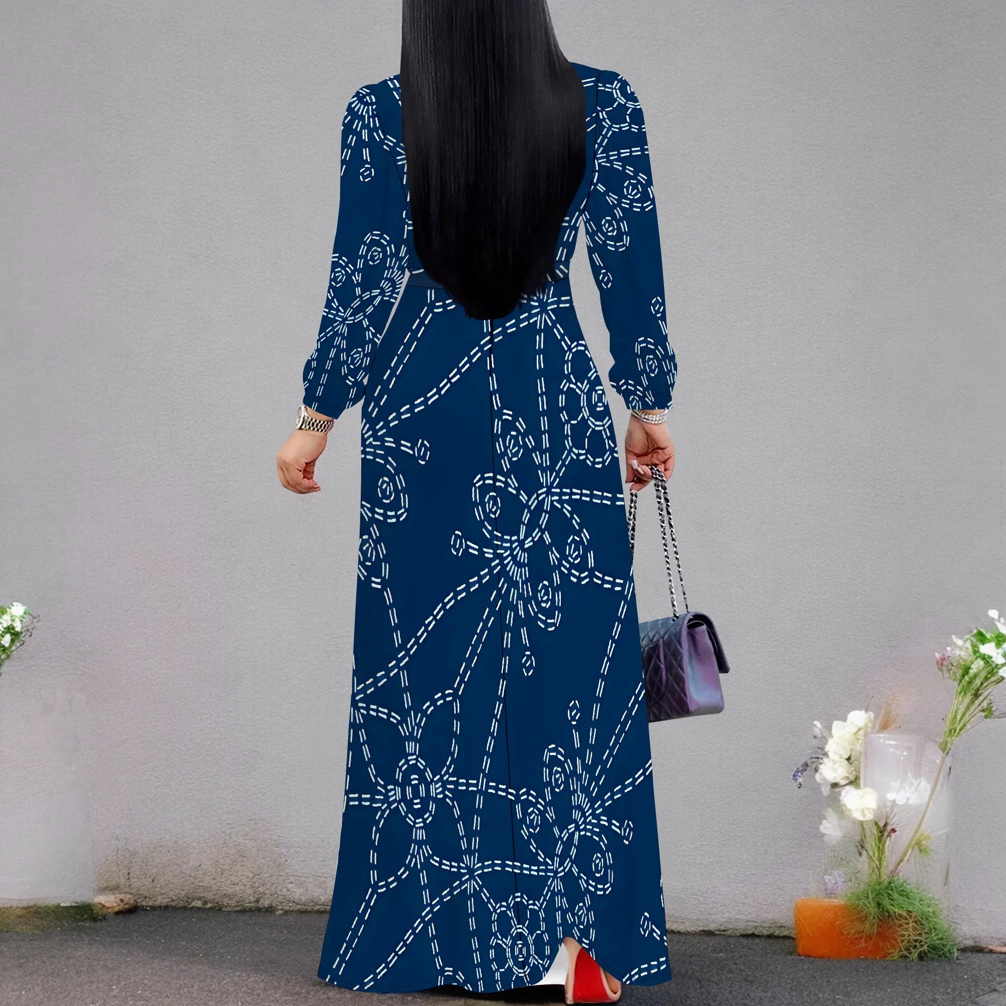 Elegant V-Neck Long Sleeve Geometric Print Maxi Dress for Women Autumn Vacation Style