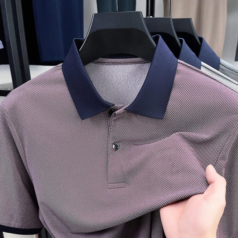 Men’s Breathable Polo Shirt – Stretch Fabric & Striped Design for Office/Casual Use Elastic Comfort and Classic Collar M-4XL