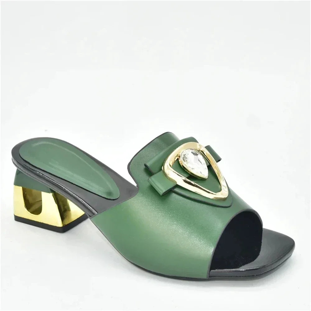 Women's Italian High Heel Slippers Shoes with Metal Trim and Rhinestones for Ladies Suitable for Autumn Wedding