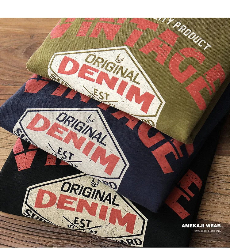 Autumn New American Retro Heavyweight 500g Letter Printed Sweatshirts Men's Fashion 100% Cotton Washed Pullover Casual Sportwear