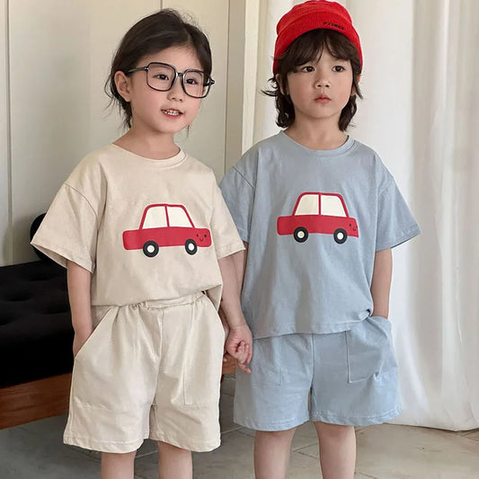 New Summer Kids Clothes Suit Children Cute Cartoon Car T-shirt + Shorts Boys Thin Style 2PCS Outfit 1-4Y Unisex