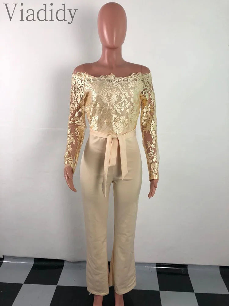 Off Shoulder Mesh Embroidery Long Sleeve Flare Jumpsuit With Belt