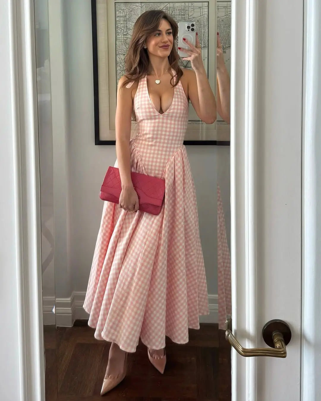 Summer Women Sexy Backless Pink Plaid Halter Dress Low Waist Elegant Party Dresses Holiday Robe