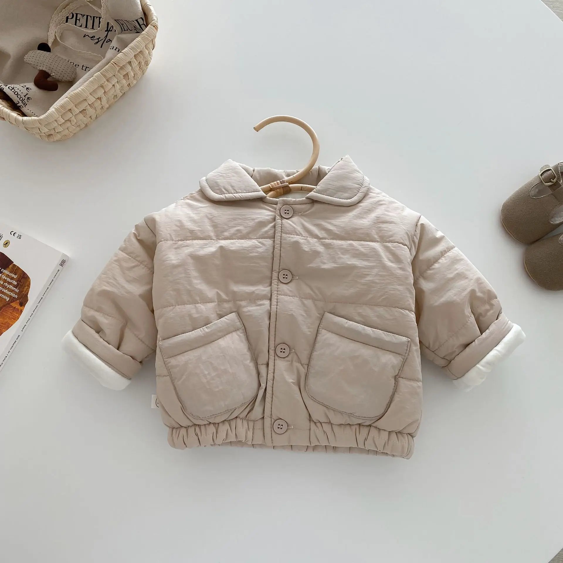 Baby Children's Winter Clothing Solid Colour Cotton Jacket Girls Simple Pocket Outwear Boys Fur Lining Warm Coat 0-5Y Unisex