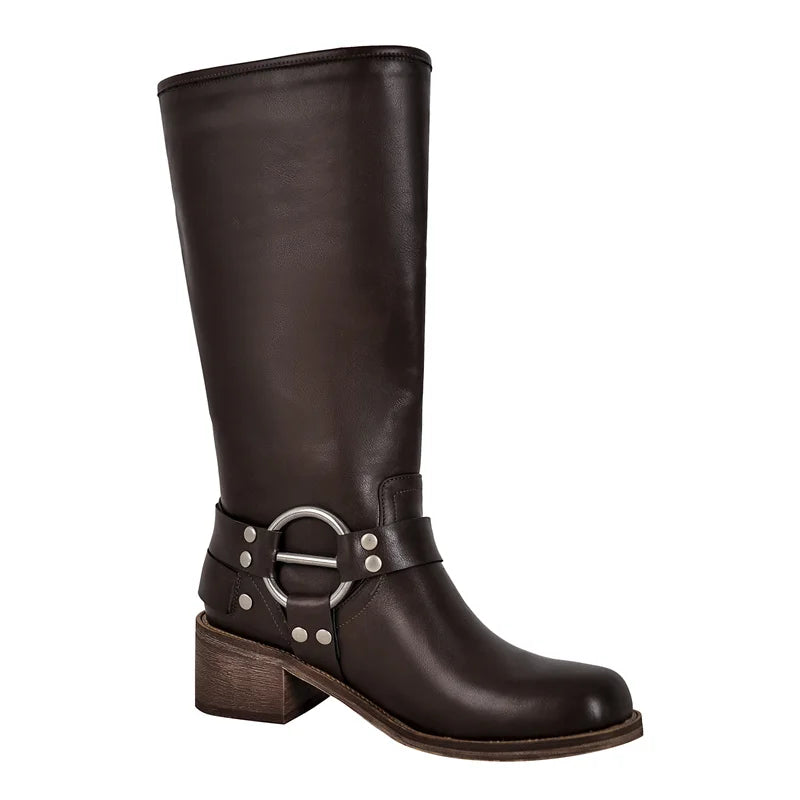 Women Gothic Black Round Toe Knee High Boots Heeled Metal Rivet Buckle Fashion 2023 Autumn Motorcycle Boots