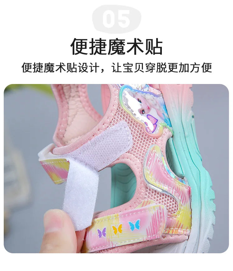 Disney Children Shoes Summer Elsa Girls Mesh Beach Sandals Fashion Frozen Princess Soft Bottom Light Peep Toe Sandals Size 26-36