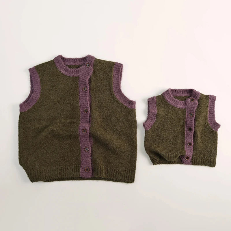 Parent Child Style Knit Vest Autumn Girls Boys Cardigan Waistcoat Boys Loose Knitwear Family Clothing 1-6Y Unisex
