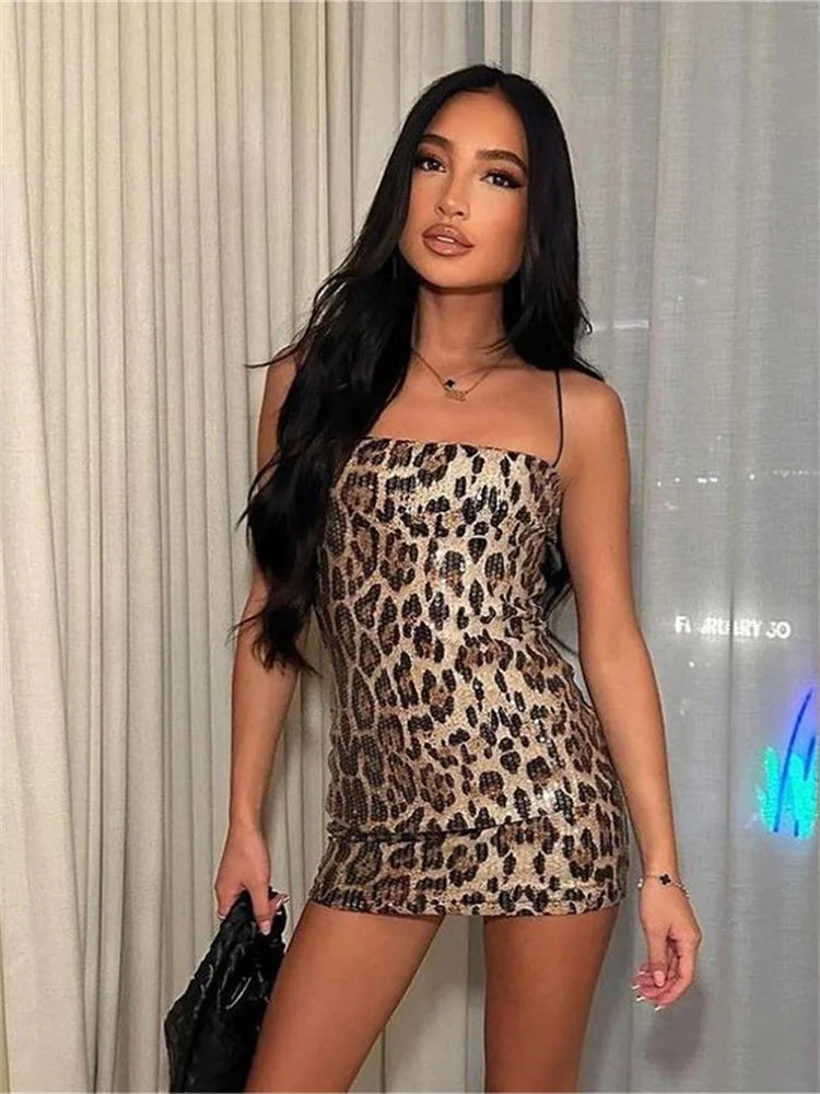 Shine Sequins Dress Women Leopard Print Hipster Backless Skinny Midnight Club Party Sexy Coquette Classic Mini Bodycon