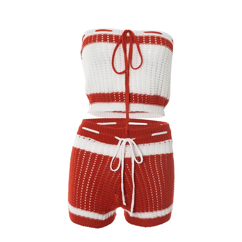 Crochet 2 Piece Set Women Hollow Beach Vacation Shirring Strapless Tops + Contrast Shorts Matching Tight Stretch Suits