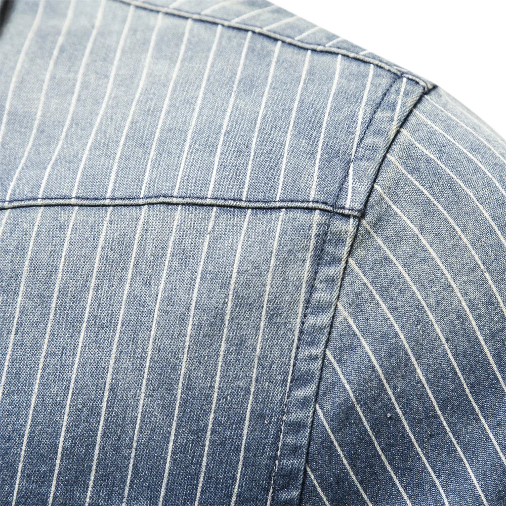 Men's Cotton Denim Shirts Striped Stretch Long Sleeve High Quality Jeans Shirts Casual Slim Cowboy Shirts For Men