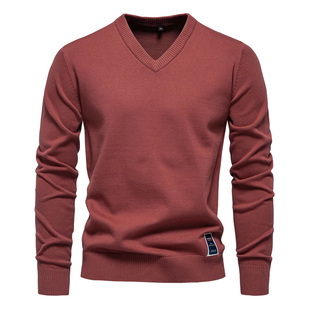 Men's V-neck Solid Cotton Pullover Sweaters Long Sleeve Casual Social Knitted Sweaters for Men