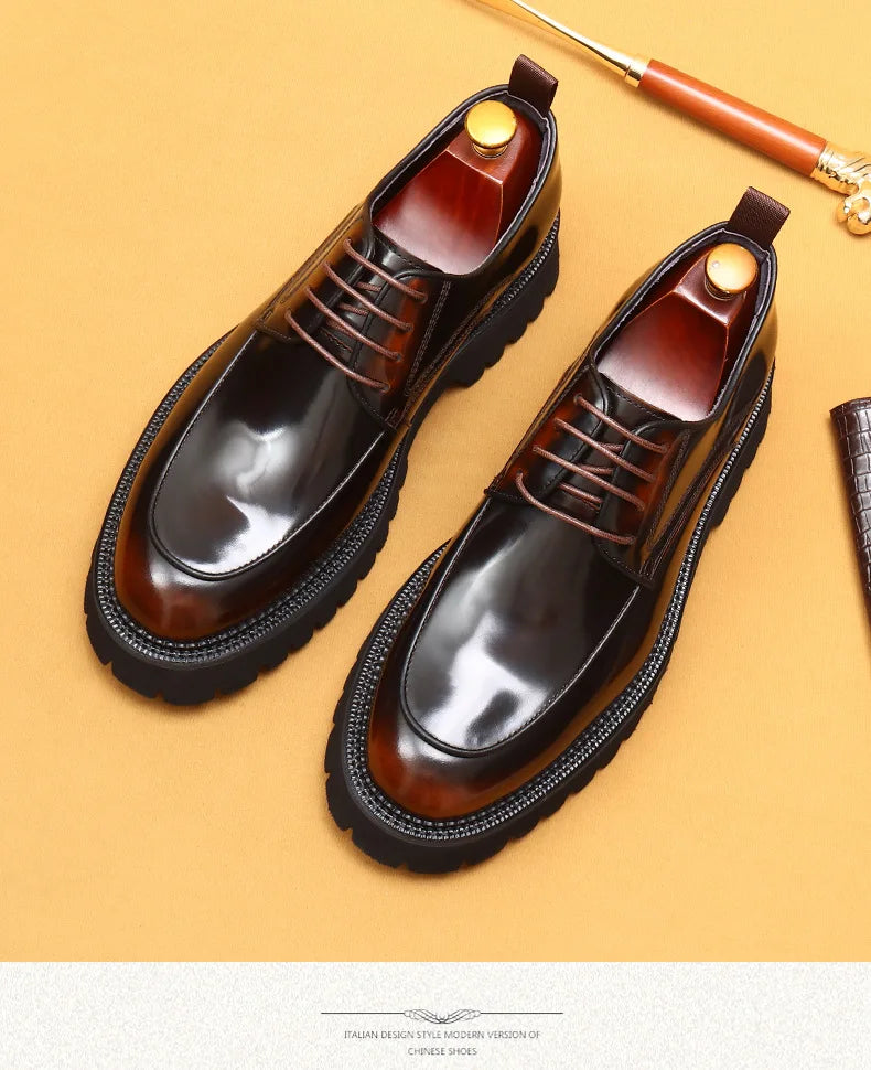 Designer Men's Leather Shoes With Thick Soles Round Toe Glossy Leather Business Dress and Waxed Cowhide Lace-Up British Shoes