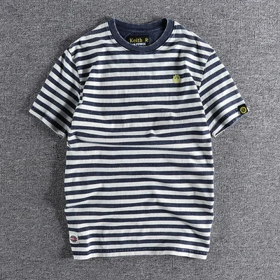 Summer New Japanese Retro Short Sleeve Striped T-shirt Men's Fashion 100% Cotton Slim Simple Round Neck Washed Old Casual Tops