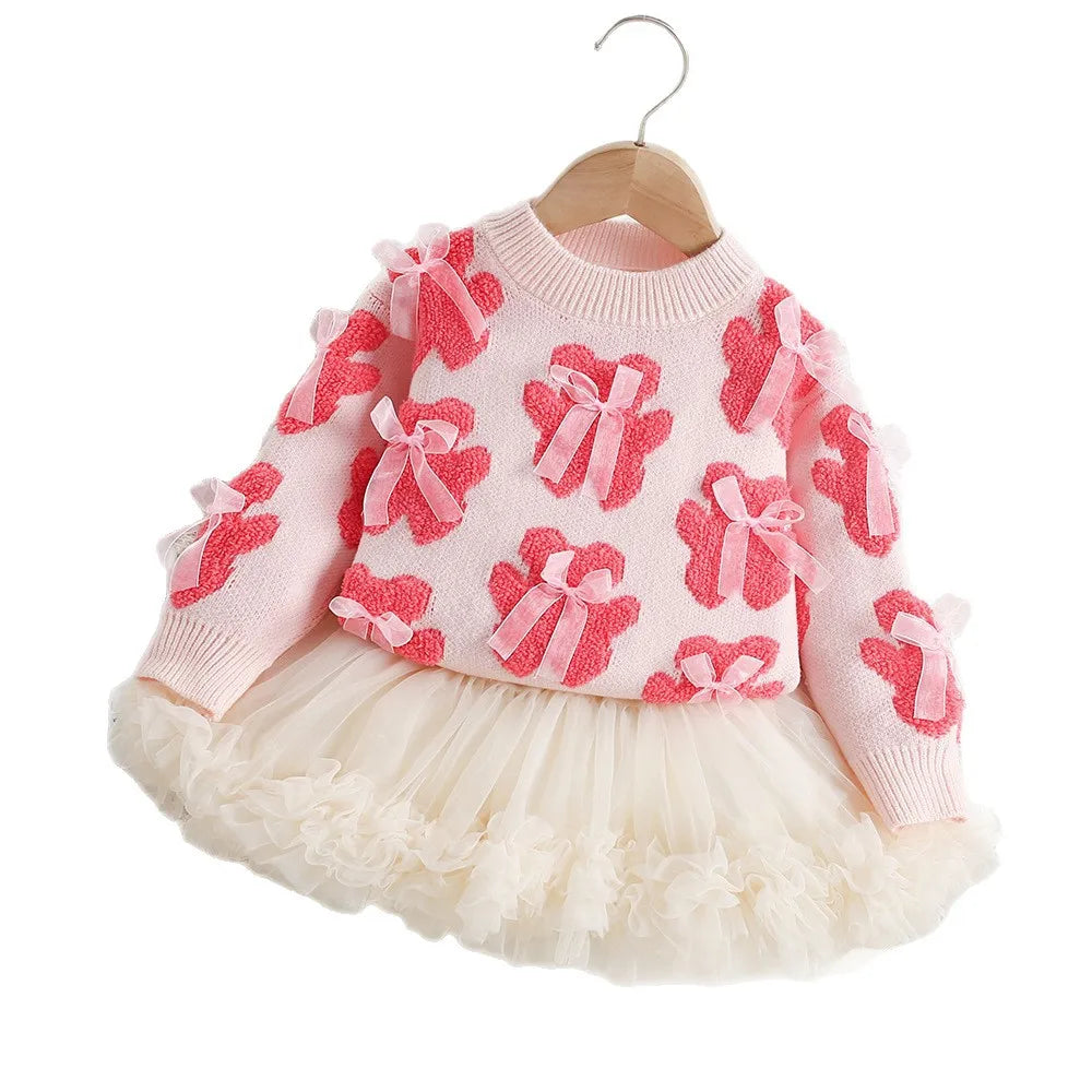 Autumn Kids Outfit 2PCS Set Sweet Bear Bow Girl's Knitted Sweater And Mesh Skirt Korean Loose Children's Clothing 9M-5T Girls