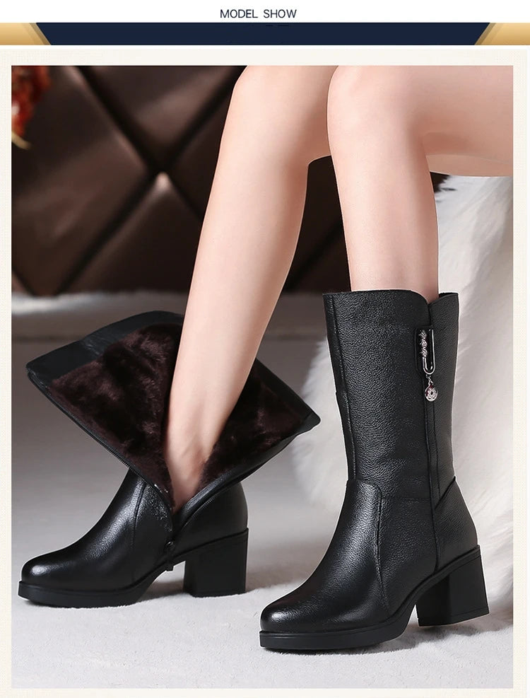 Women Genuine Leather Mid Calf Boots Female Mather Ladies Winter Fur Plush Warm