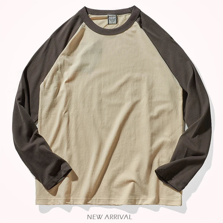 Autumn New American Retro Long Sleeve O-neck Contrast Splicing T-shirt Men's Fashion 100% Cotton Washed Old Casual Sport Tops