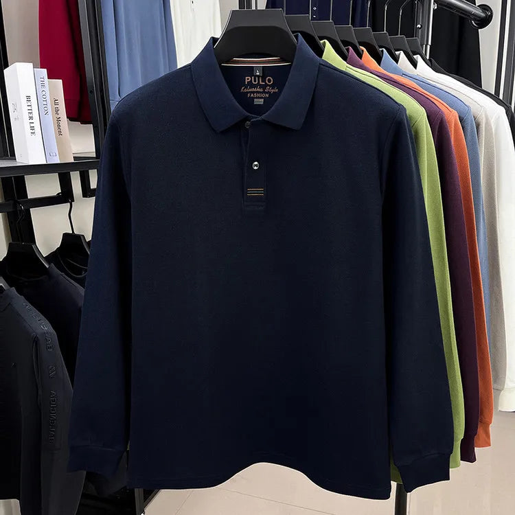 Men's Autumn 100% Breathable Cotton, Long-Sleeve Polo Shirt - Classic Cotton Collared T-Shirt With Business Casual Design