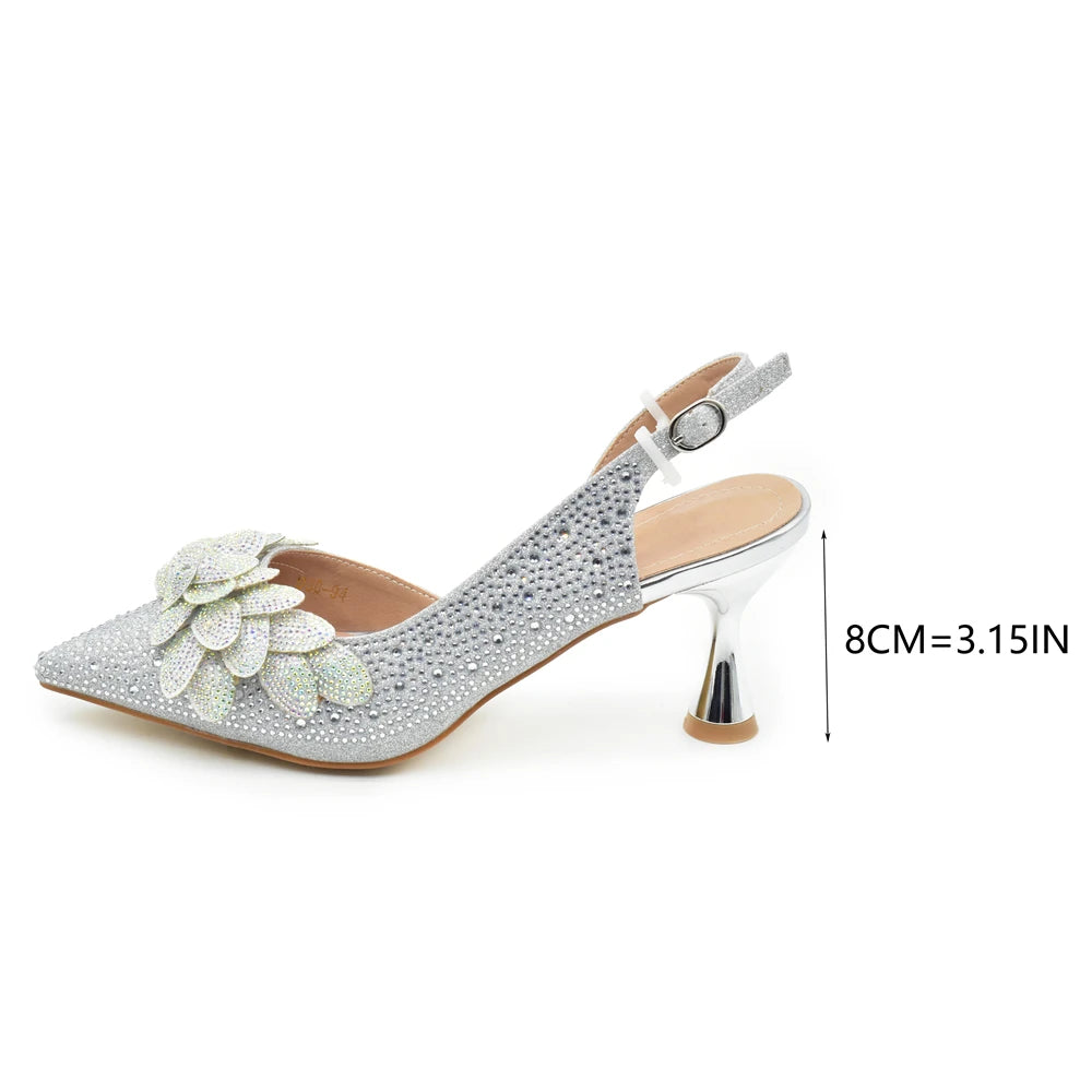 Women High Heel Pointed-Toe Italian Shoes and Bags Matching Set for Ladies Decorated With Rhinestone and Paired with Handmade Petal