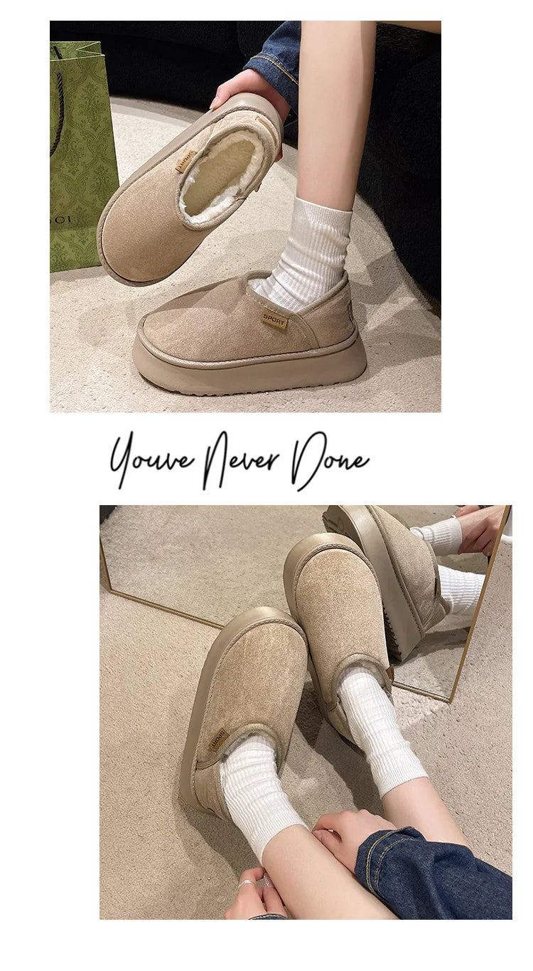 Women's Winter Warm Fuzzy Lining Cotton Shoes Fur Fluffy Slippers For Indoor and Outdoor Use With Anti-Skid Plush Thick Sole Cotton Shoes