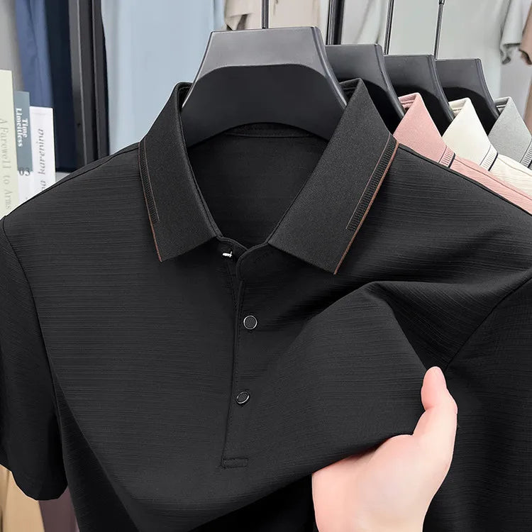 Men's Short-Sleeved T-Shirt, Subtle Striped Texture, Classic Collar Design With Button Details - Soft and Breathable Fabric Polo