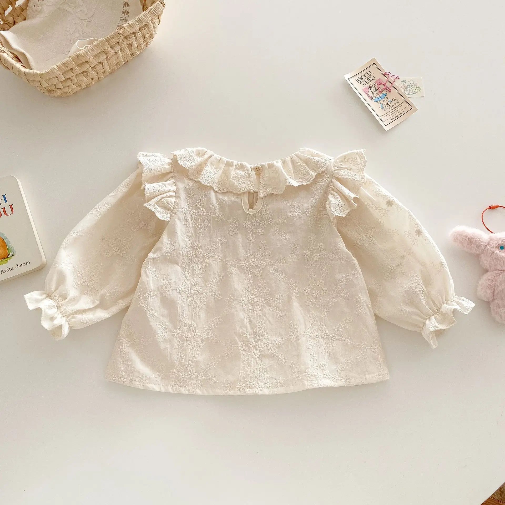 Spring Korean Style Girls' Doll Shirt Cute Embroidered Flowers Kid's Blouse Children's Baby Peter Pan Collar Shirt Base Top 0-5Y Girls