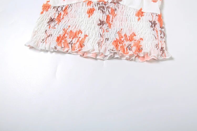 Vacation Thin Women Floral 2 Piece Set Elastic Ruffles Tank Tops + Peach Hip Skirts Matching Clubwear Romantic Outfits