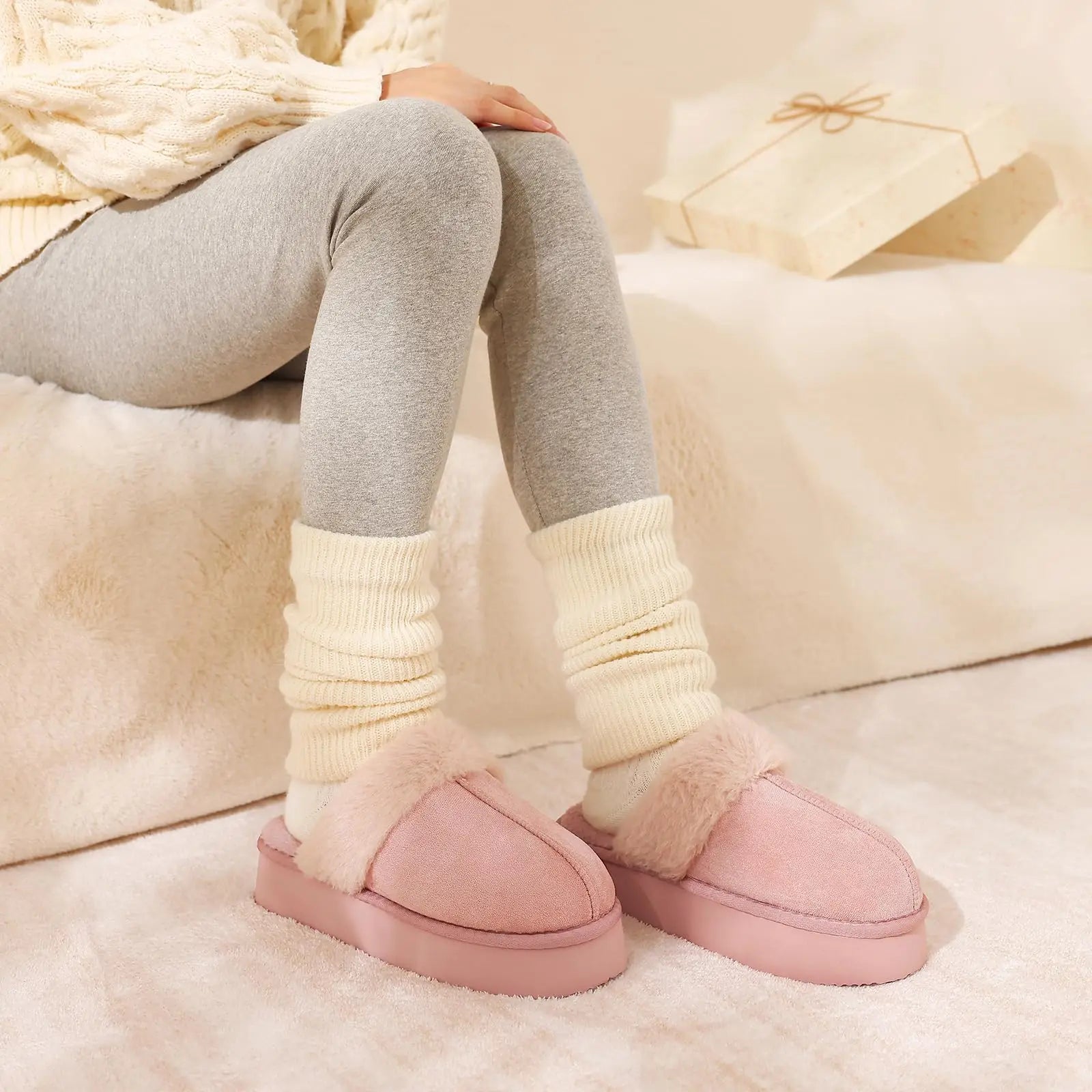 Women's Winter Warm Fuzzy Platform Shoes With Fluffy Memory Foam Suitable For Indoor Use Cosy Ladies' Fur Slides Plush Cotton Slippers