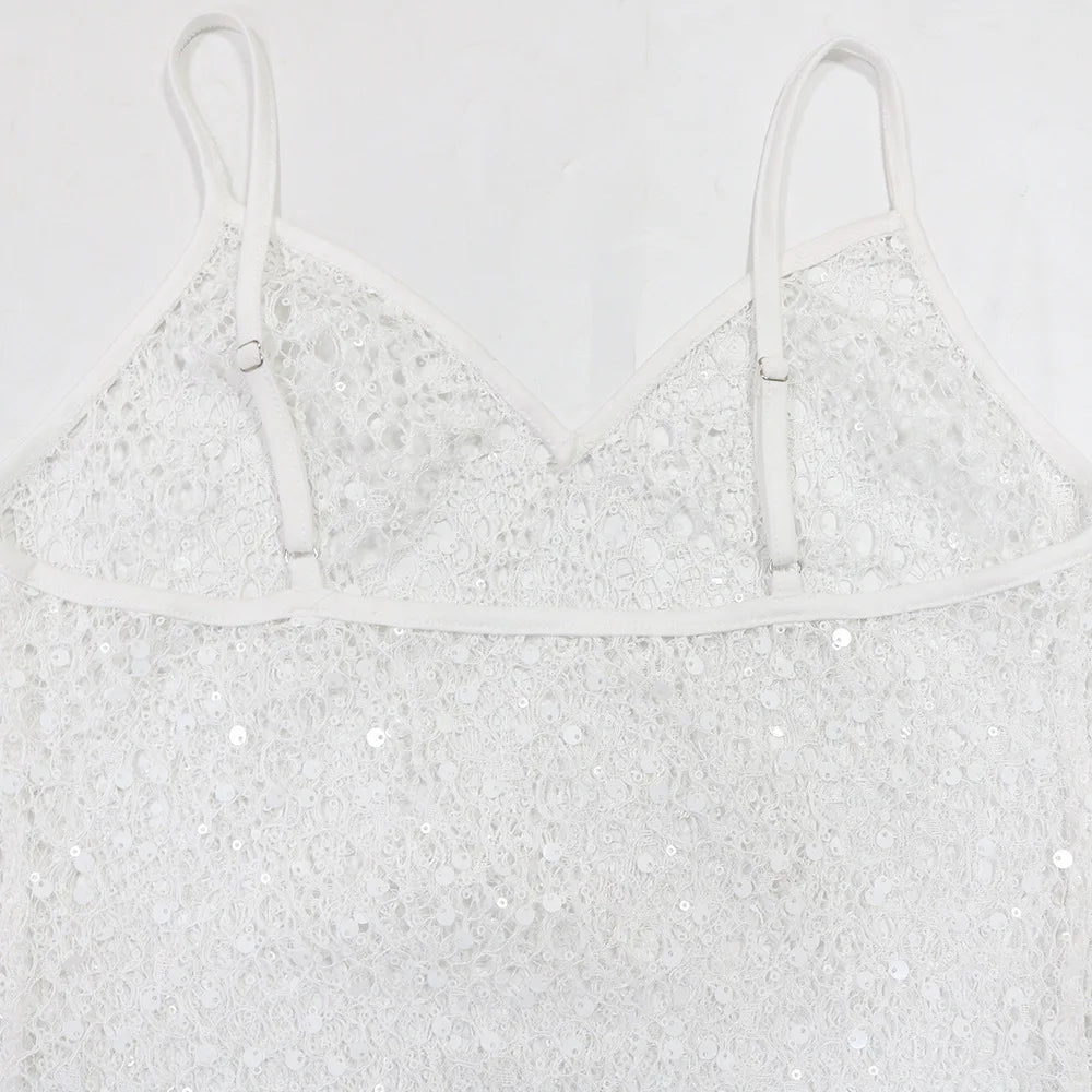 Women's Sexy See Through Sheer Mesh Sleeveless Spaghetti Strap Sequin Decor V Neck Dress with Briefs