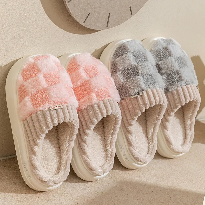 Women's Winter Warm Fur Fuzzy Slippers For Ladies With Pineapple Lattice Soft and Non-Slip Sole Plush Fluffy Cotton Ladies' Shoes