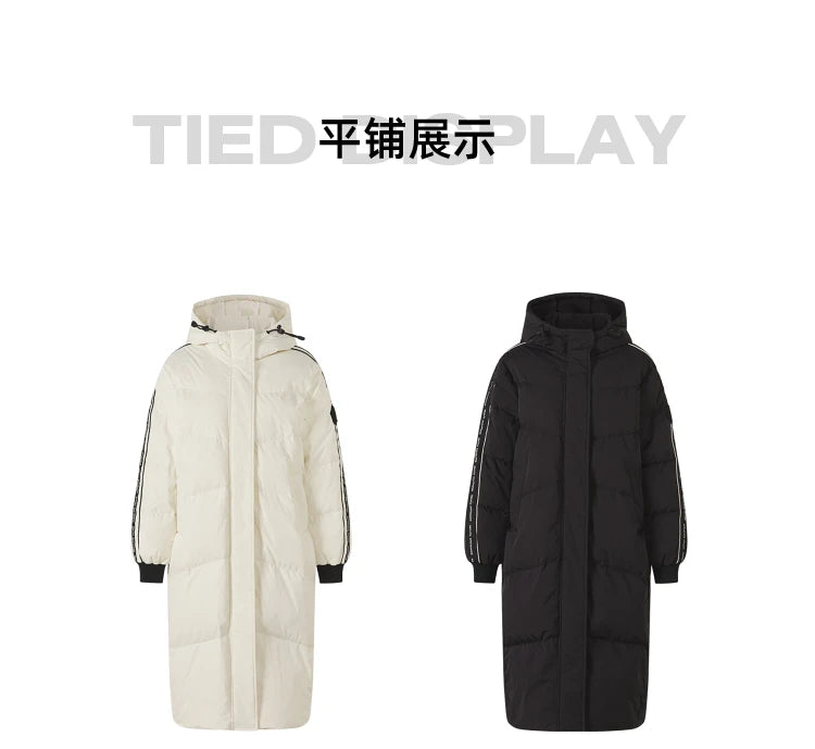 Women's Long Puffer Coat With Striped Webbing, Oversized Straight-Cut Sporty Style, Duck Down Thick Warm Jacket