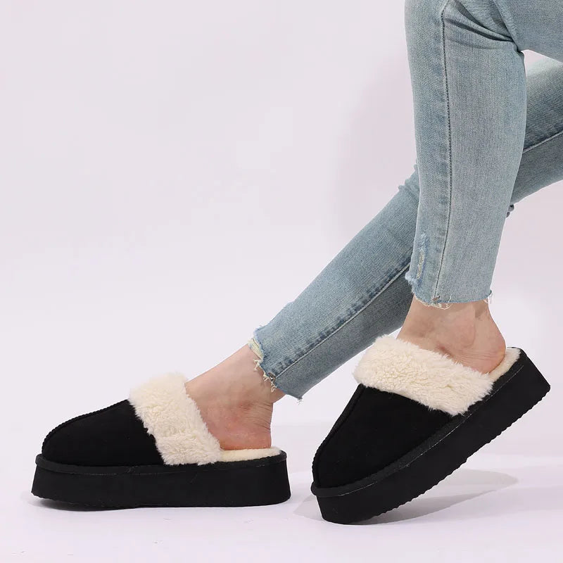 Women's Fluffy Plush Winter Shoes With Thick Sole Fuzzy Slides Suitable For Indoor and Outdoor Use With Anti-Slip Platform Fur Slippers
