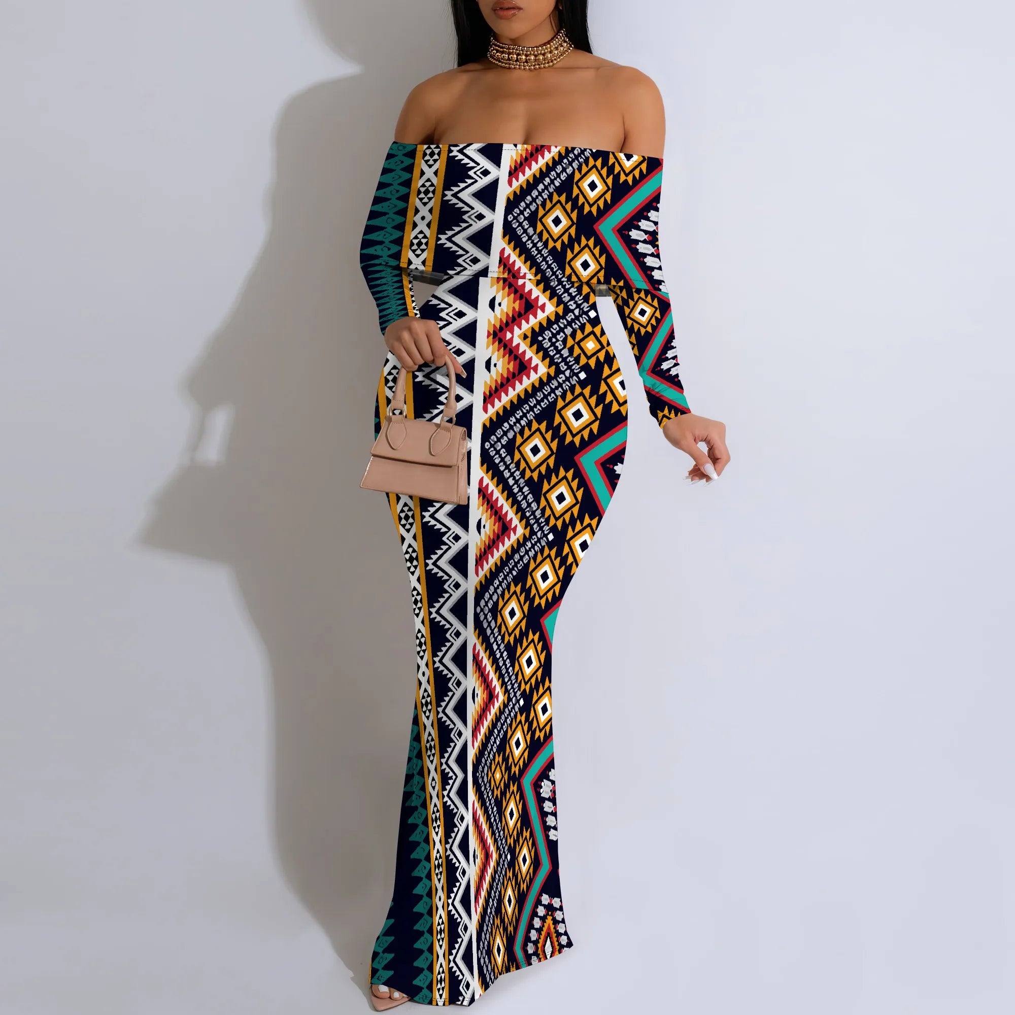 Off Shoulder Maxi Dress Blue Purple Glitter Print Bodycon Long Sleeve Gown