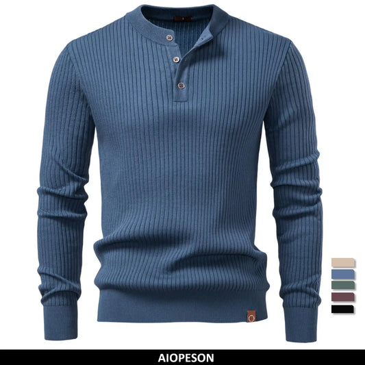 Men's Long Sleeve T-Shirt Fashion Knitted Slim Fit Polo Sweater Ribbed Henley Collar T-Shirt For Men