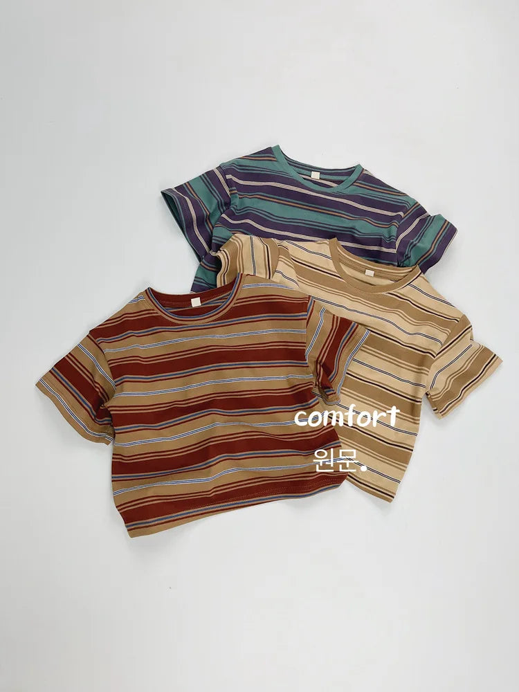 2025 Summer New Children Short Sleeve T-Shirts Cotton Baby Boy Girl Casual Striped Tees Toddler Versatile Tops Kids Clothes