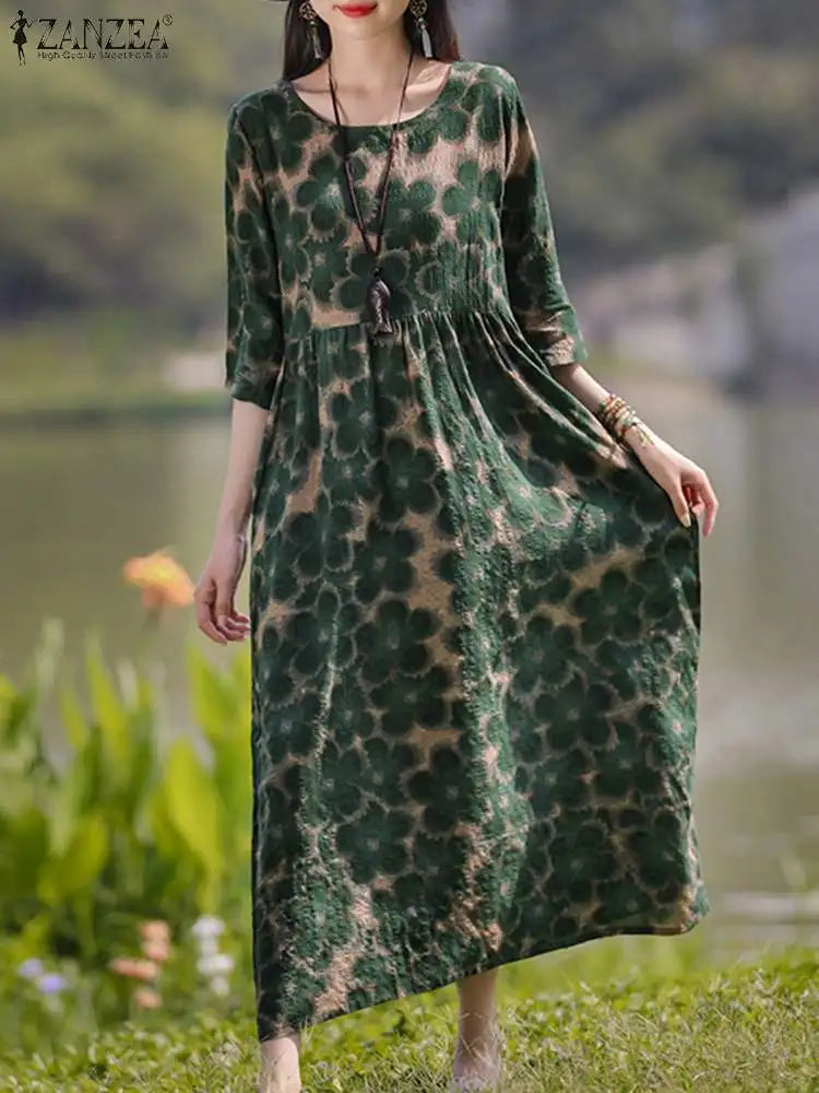 Bohemian Floral Printed Dress Autumn Long Sleeve O-Neck Maxi Robe Woman Casual Holiday Sundress Elegant Party Vestidos