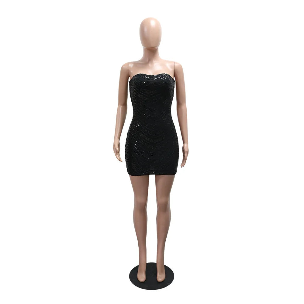 Women's Sexy Solid Color Sequin Decor Sleeveless Backless Bandeau Party Dress