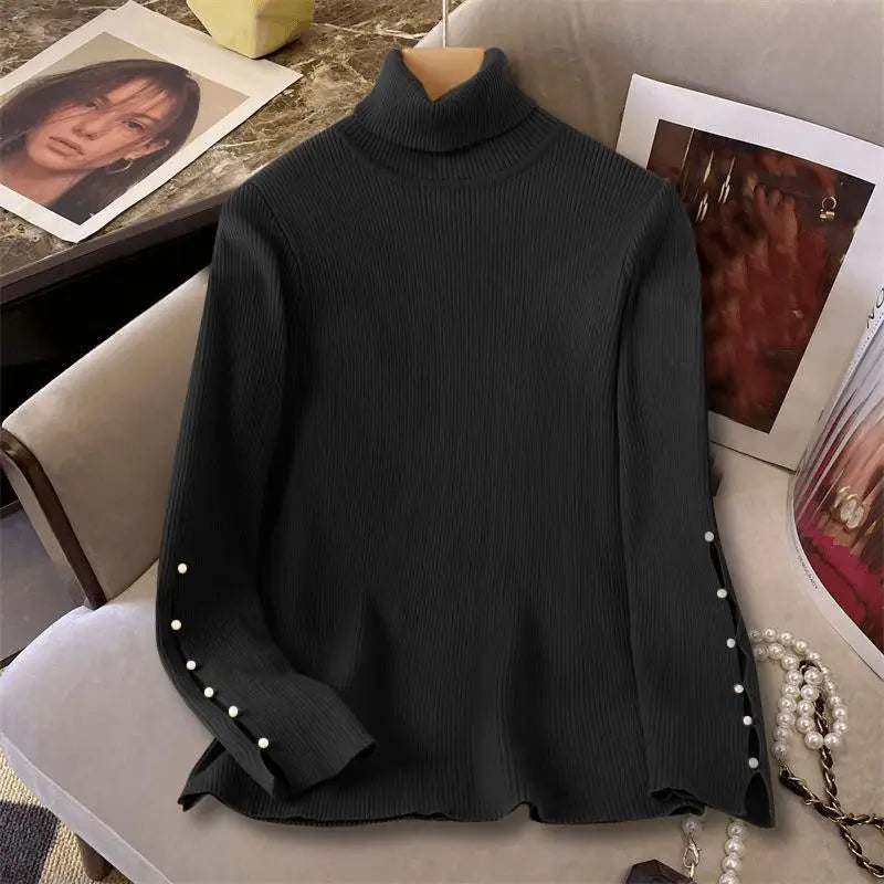 Women Casual Turtleneck Ribbed Sweaters Korean Fashion Long Sleeve Solid Pullovers Autumn 2024 Chic Sleeve Slit Jumpers