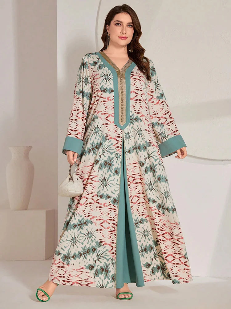 Women's Summer Print A-Line Abaya Elegant Long Dresses Plus Size Tie-Dye & Patchwork Woven Belt Arabic Clothing For Ladies