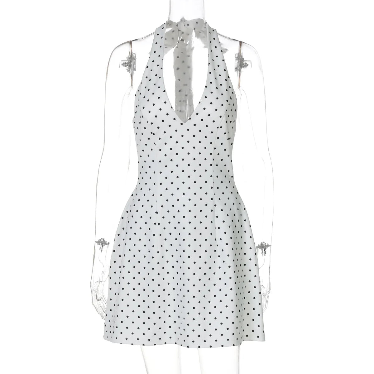 Polka Dot Printed Halter Dress Women's Sexy V neck Backless Mini Dress High Waist Bodycon Summer Fashion Vacation Dress
