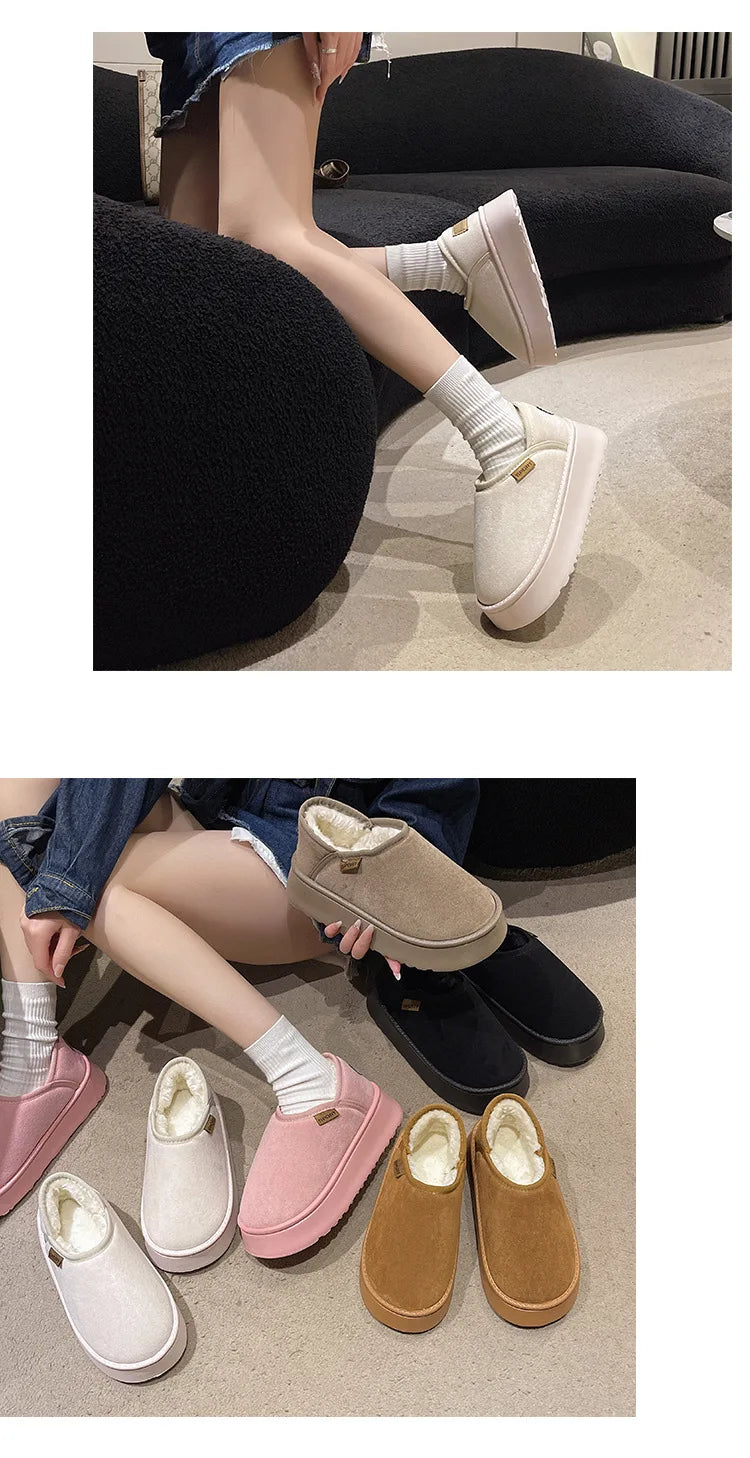 Women's Winter Warm Fuzzy Lining Cotton Shoes Fur Fluffy Slippers For Indoor and Outdoor Use With Anti-Skid Plush Thick Sole Cotton Shoes