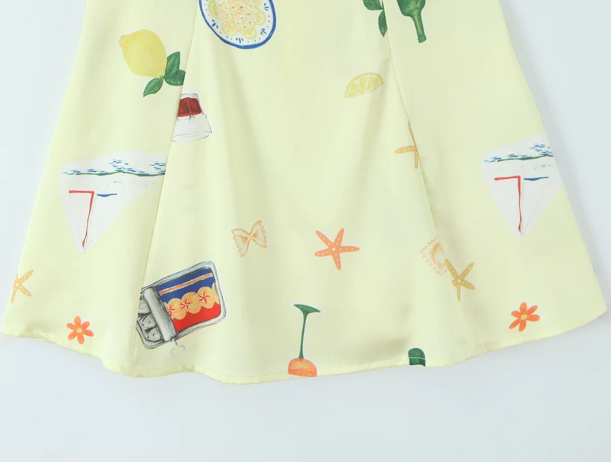Cute Print Yellow Sexy Corset Style Sling Mini Dresses Women Summer A-line Holiday Dress Backless Robe