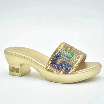 2025 Women Wedge Slippers Shoes Italian Design Comfortable Outdoor Platform With 6cm High Heels Decorated With Rhinestone