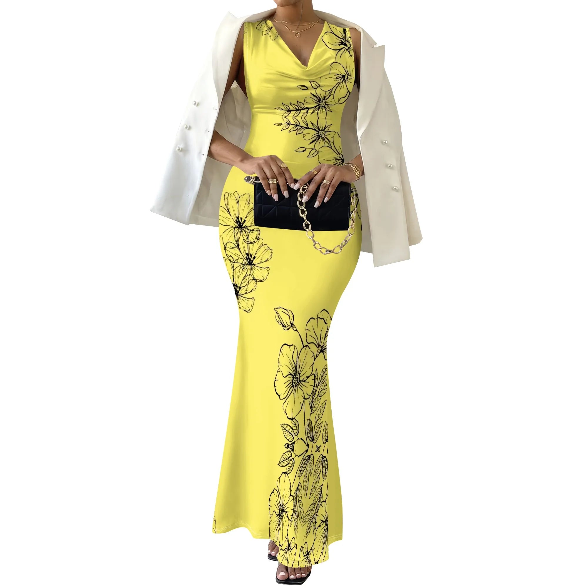 Women's V-Neck Sleeveless Maxi Dress Yellow Black Outline Floral Print Elegant Bodycon Summer Dress