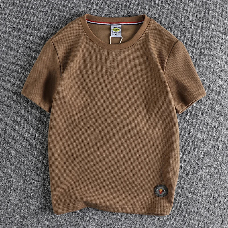 Zomer Nieuw Amerikaans Retro Waffle Microchapter T-shirt Herenmode Eenvoudig Gewassen Korte Mouw O-hals Casual Losse Jeugd Tops