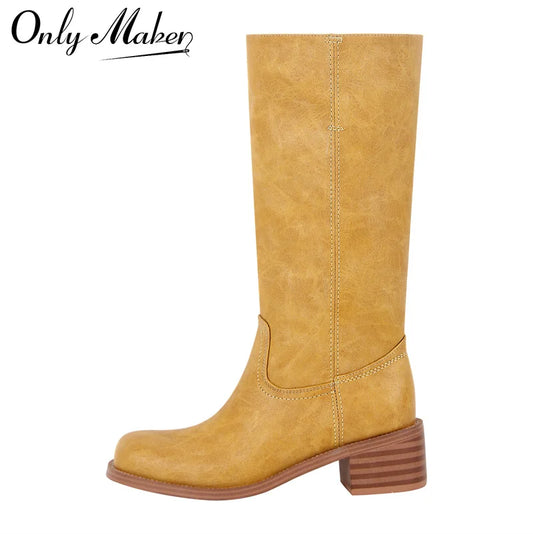 Women Round Toe Knee High Boots Low Heel  Fashion Pull on Wide Calf  Boots