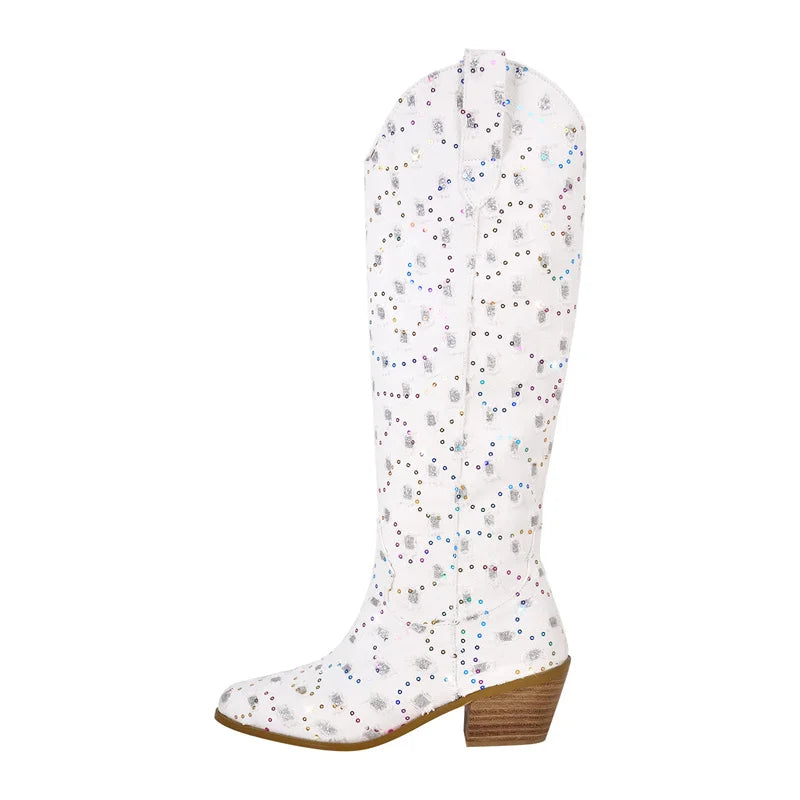 Women Pointed Toe Knee High Boots Western Boots Wide Calf Embroidered Canvas Block Heel Pull-On Cowgirl Booties